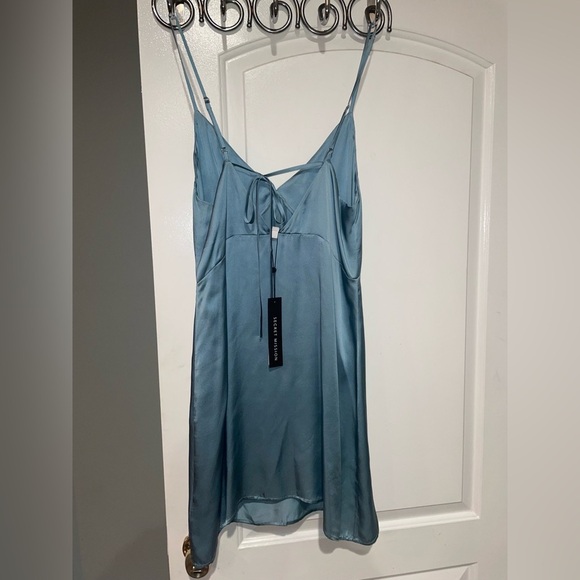 New! Secret Mission Erica Slip 100% Silk Mini Dress in Dusty Blue 🩵 Medium NWT! - Picture 13 of 16
